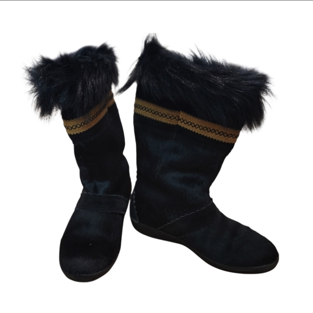 Vintage Tecnica Black Goat Fur Sheerling Lined Apres Ski Booties Made In Italy